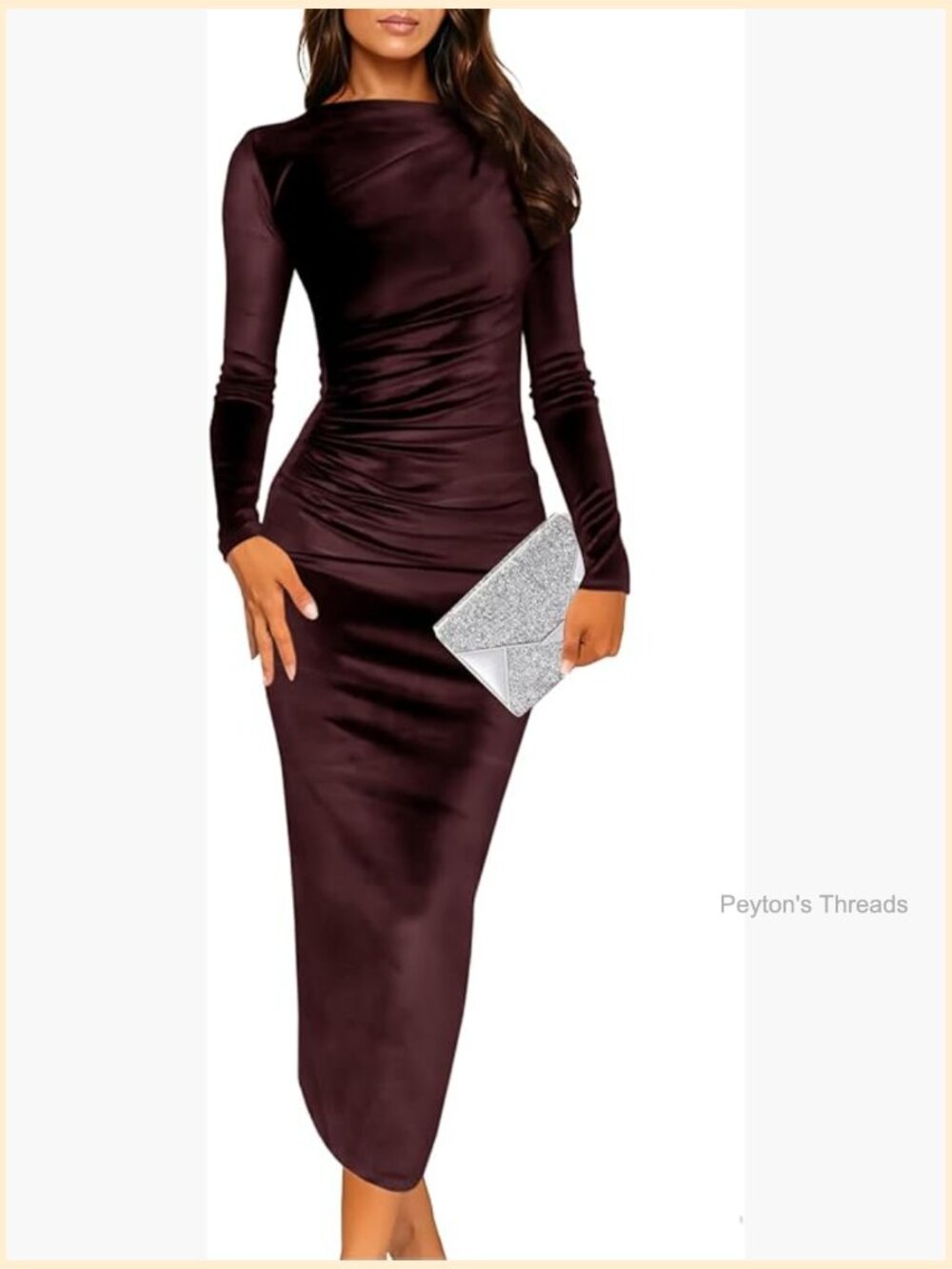 Velvet Bodycon Midi Dress Long Sleeve Ruched Elegant Cocktail Party